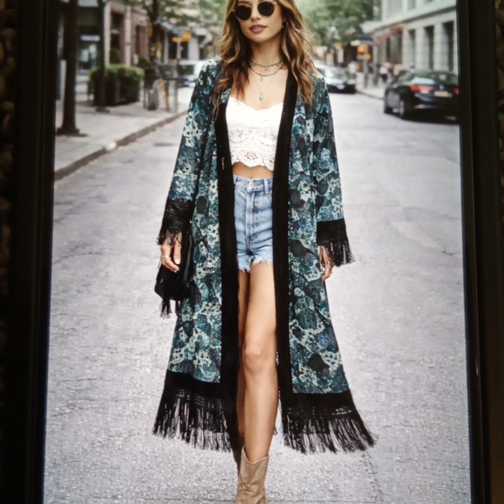 Black Swan Velvet Fringe Kimono in Teal and Black Floral Boho Viscose Blens L